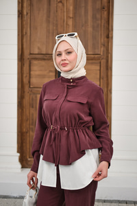 Çift Cep Detaylı Gizli Düğmeli Parçalı Takım Mürdüm