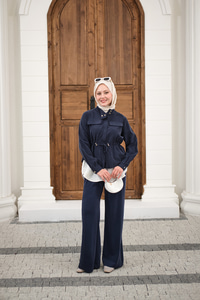 Çift Cep Detaylı Gizli Düğmeli Parçalı Takım Lacivert