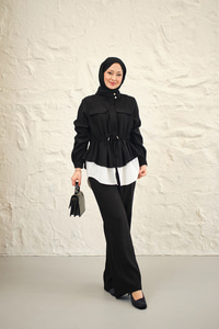 Çift Cep Detaylı Gizli Düğmeli Parçalı Takım Siyah