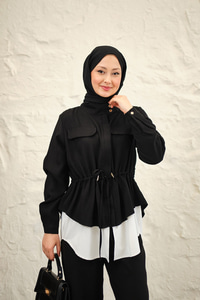 Çift Cep Detaylı Gizli Düğmeli Parçalı Takım Siyah