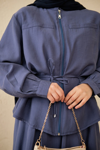 Çift Cep Görünümlü Bel Bağlamalı Etekli Takım İndigo Mavi