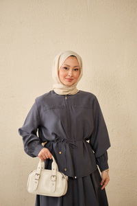 Çift Cep Görünümlü Bel Bağlamalı Etekli Takım Gri