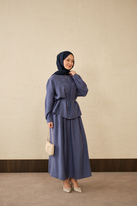 Çift Cep Görünümlü Bel Bağlamalı Etekli Takım İndigo Mavi