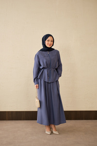 Çift Cep Görünümlü Bel Bağlamalı Etekli Takım İndigo Mavi