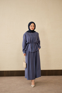 Çift Cep Görünümlü Bel Bağlamalı Etekli Takım İndigo Mavi