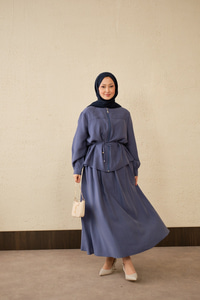 Çift Cep Görünümlü Bel Bağlamalı Etekli Takım İndigo Mavi