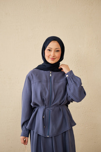 Çift Cep Görünümlü Bel Bağlamalı Etekli Takım İndigo Mavi