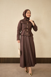 Çift Cep Görünümlü Dikiş Detay Kot Takım Kahverengi