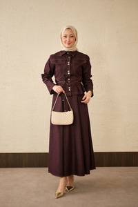 Çift Cep Görünümlü Dikiş Detay Kot Takım Mürdüm