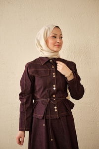 Çift Cep Görünümlü Dikiş Detay Kot Takım Mürdüm