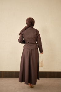 Çift Cep Görünümlü Dikiş Detay Kot Takım Kahverengi