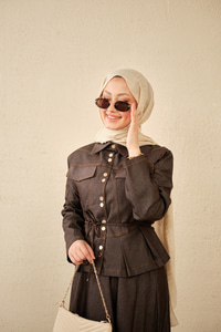 Çift Cep Görünümlü Dikiş Detay Kot Takım Acı Kahve