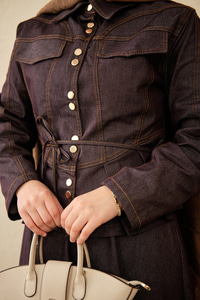 Çift Cep Görünümlü Dikiş Detay Kot Takım Mor