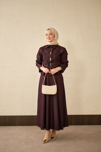 Çift Cep Görünümlü Dikiş Detay Kot Takım Mürdüm