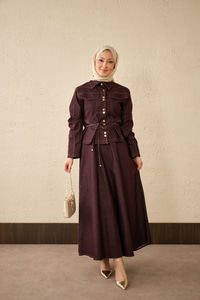 Çift Cep Görünümlü Dikiş Detay Kot Takım Mürdüm