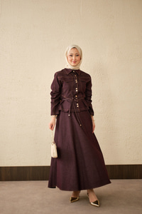 Çift Cep Görünümlü Dikiş Detay Kot Takım Mürdüm