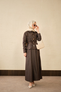 Çift Cep Görünümlü Dikiş Detay Kot Takım Acı Kahve