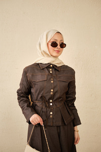 Çift Cep Görünümlü Dikiş Detay Kot Takım Acı Kahve