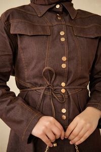 Çift Cep Görünümlü Dikiş Detay Kot Takım Kahverengi