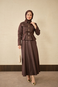 Çift Cep Görünümlü Dikiş Detay Kot Takım Kahverengi