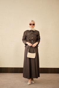 Çift Cep Görünümlü Dikiş Detay Kot Takım Acı Kahve