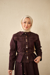 Çift Cep Görünümlü Dikiş Detay Kot Takım Mürdüm