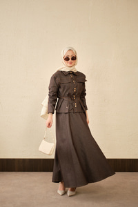 Çift Cep Görünümlü Dikiş Detay Kot Takım Acı Kahve