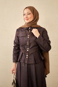 Çift Cep Görünümlü Dikiş Detay Kot Takım Mor