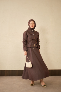 Çift Cep Görünümlü Dikiş Detay Kot Takım Kahverengi