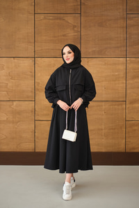 Çift Cep Görünümlü Fermuarlı Etekli Takım Siyah