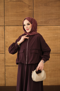 Çift Cep Görünümlü Fermuarlı Etekli Takım Bordo