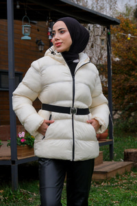 Çift Cep Kapüşonlu Mont Krem