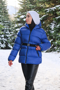 Çift Cep Kapüşonlu Mont Mavi