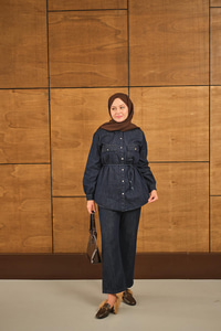 Çift Cepli Bel Bağlamalı Kot Takım Lacivert