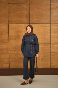 Çift Cepli Bel Bağlamalı Kot Takım Lacivert