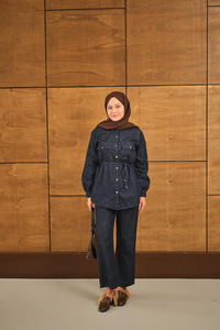 Çift Cepli Bel Bağlamalı Kot Takım Lacivert