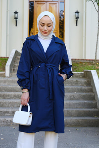 Çift Ceplı Bel Bağlamalı Trenç  Lacivert