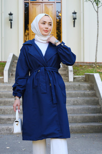 Çift Ceplı Bel Bağlamalı Trenç  Lacivert