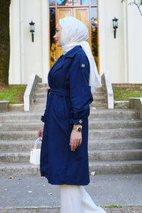 Çift Ceplı Bel Bağlamalı Trenç  Lacivert