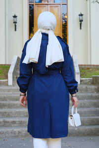 Çift Ceplı Bel Bağlamalı Trenç  Lacivert