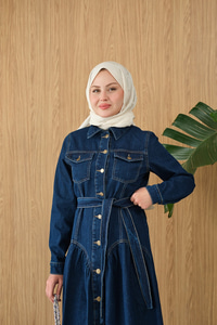 Çift Cepli Bel Büzgü Ve Dikiş Detay Boydan Düğmeli Kot Elbise Lacivert