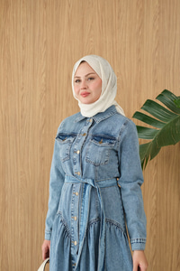 Çift Cepli Bel Büzgü Ve Dikiş Detay Boydan Düğmeli Kot Elbise Buz Mavi