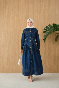 Çift Cepli Bel Büzgü Ve Dikiş Detay Boydan Düğmeli Kot Elbise Lacivert