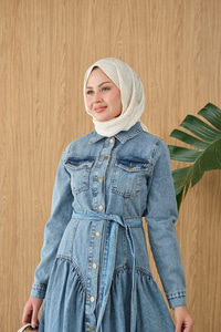 Çift Cepli Bel Büzgü Ve Dikiş Detay Boydan Düğmeli Kot Elbise Buz Mavi