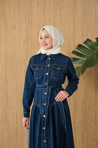 Çift Cepli Bel Büzgü Ve Dikiş Detay Boydan Düğmeli Kot Elbise Lacivert