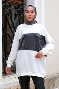 Çift Cepli Bisiklet Yaka Tunik Beyaz