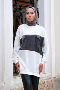 Çift Cepli Bisiklet Yaka Tunik Beyaz