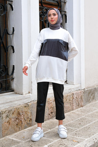 Çift Cepli Bisiklet Yaka Tunik Beyaz