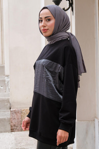 Çift Cepli Bisiklet Yaka Tunik Siyah