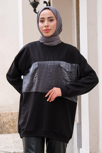 Çift Cepli Bisiklet Yaka Tunik Siyah